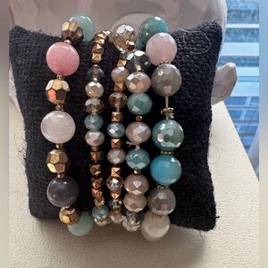 Pastel Multi-Bead Stretch Bracelet Set with Gold Accents - Women